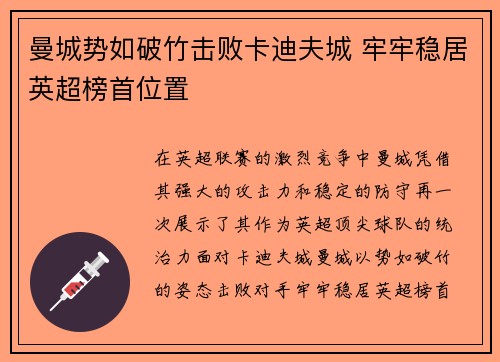 曼城势如破竹击败卡迪夫城 牢牢稳居英超榜首位置