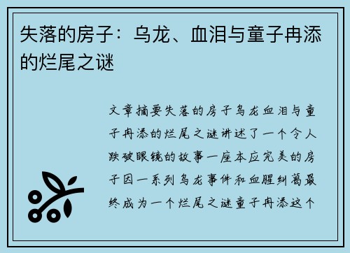 失落的房子：乌龙、血泪与童子冉添的烂尾之谜