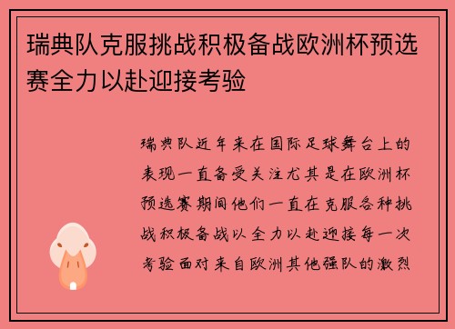 瑞典队克服挑战积极备战欧洲杯预选赛全力以赴迎接考验